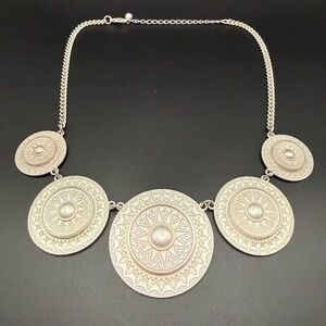 Sun Circles Bib Style Silver Tone Disc Statement Necklace